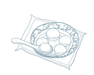Line art bowl of tang yuan or glutinous rice balls in a traditional style blue bowl with ginger soup, a spoon picked tang yuan from a bowl. Close up realistic hand drawing vector illustration.