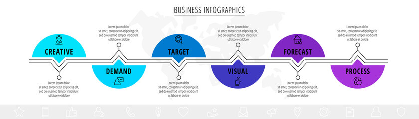 Vector line infographics template for six arrows and icons. Business concept with 6 elements. Modern blank space for chart, content, step for step, timeline, diagram, web