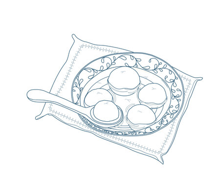 recommend clip art: Line art bowl of tang yuan or glutinous rice balls in a traditional style blue bowl with ginger soup, a spoon picked tang yuan from a bowl. Close up realistic hand drawing vector illustration.