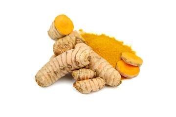 Turmeric spice, curcuma longa roots and powder isolated on white background