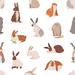 Seamless animal pattern with different cute rabbits and hares on white background. Endless repeatable texture with realistic adorable sweet bunnies. Colored flat vector illustration for printing