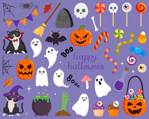 Halloween set isolated on blue background. Perfect for holiday decoration, stickers.  Vector collection of Halloween theme elements.