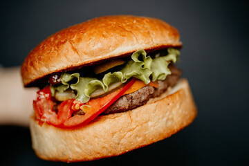 hamburger with vegetables on black background