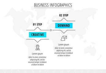 Vector line infographics with 2 labels and arrows. Flat chart process template with two steps. Modern timeline for business project, presentation, web, diagram, content