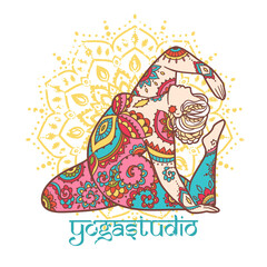 Yoga girl. Ornament Meditation pose. Concept of body positive. Vector illustration plus size
