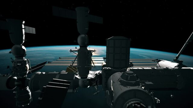 Animation of the ISS orbiting around the Earth. The sun shines in the horizon as the International Space Station flies by the camera.