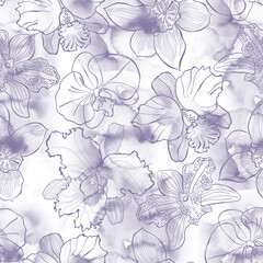 Floral seamless pattern with hand drawn different orchids on a watercolor background. Vector  illustration. Perfect for design templates, wallpaper, wrapping, fabric and textile.
