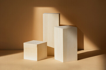 Stand made of wooden geometric figures for demonstrating products. Concept of 3d podium for...