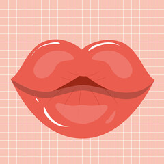 Red mouth isolated on pink background. Female beautiful lips with red lipstick. Vector illustration of sensual lips, plump lips, fashionable lipstick