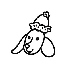 One vector Christmas doodle with a portrait of a dog with a hat. Holiday simple illustration with black line on white background.Design for cards, packages,social media,web,stickers,logos
