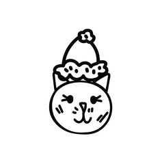 One vector Christmas doodle with a portrait of a cat with a hat. Holiday simple illustration with black line on white background.Design for cards, packages,social media,web,stickers,logos