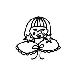 One vector Christmas doodle with a portrait of a girl. Holiday simple illustration with black line on white background.Design for cards, packages,social media,web,stickers,logos