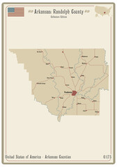 Map on an old playing card of Randolph county in Arkansas, USA.