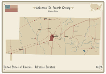 Map on an old playing card of St. Francis county in Arkansas, USA.