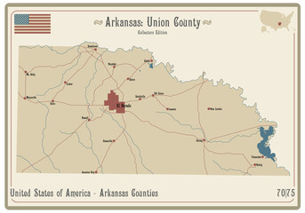 Map on an old playing card of Union county in Arkansas, USA.