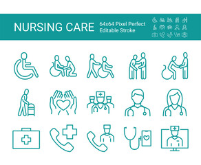 Set of icons of disability. Editable vector stroke. 64x64 Pixel Perfect.