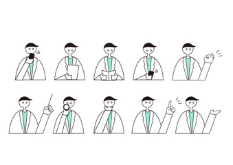 ピクトグラム風の白衣の男性(医者)の動作色々セット