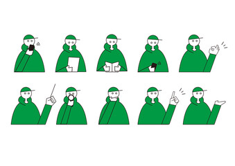 ピクトグラム風の帽子をかぶった男性の動作色々セット