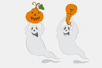 Two white ghost with angry face holding orange Halloween Pumpkin illustration