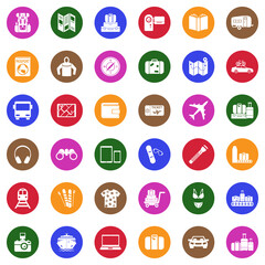 Travel Tools Icons. White Flat Design In Circle. Vector Illustration.