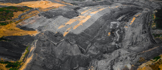 Panorama open pit mine, extractive industry for coal, aerial drone top view