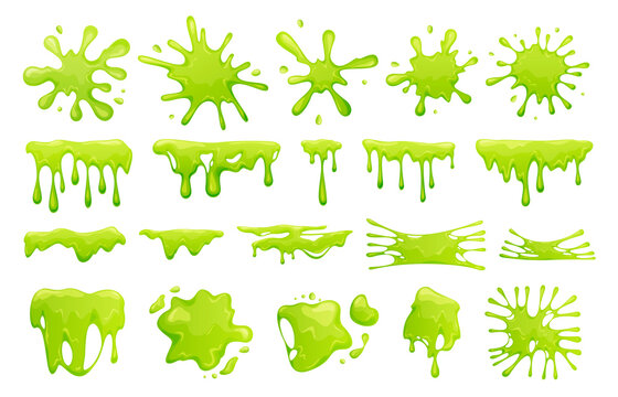 Cartoon green slime set vector flat illustration. Collection of blob splashes, toxic dripping mucus