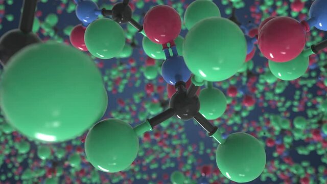 Chloropicrin molecule, conceptual molecular model. Chemical looping 3d animation