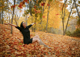 the girl in the leaves in autumn