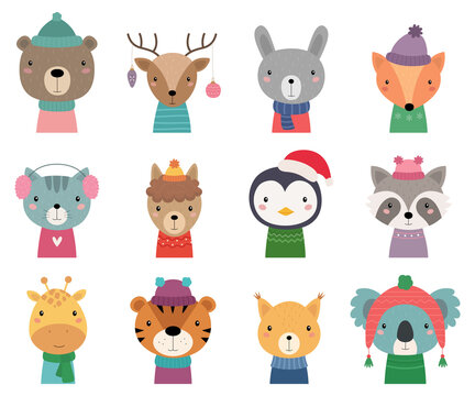 A set of Christmas animals. 12 cute animals in hats and scarves. Vector illustration.