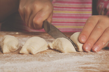 Fototapeta na wymiar Close up hands of girl. Process of making dumplings with potatoes and cheese stuffing. National food, eating, delishion, diet concept. Horizontal image.