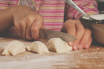 Close up hands of girl making homemade dumplings. Dumplings with potatoes and cheese stuffing. National food, eating, delishion, diet concept. Horizontal image.