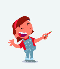 cartoon character of little girl on jeans is happy while pointing to the side with a pencil.