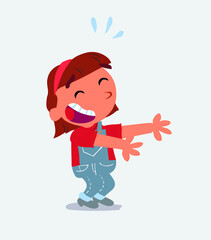 cartoon character of little girl on jeans laughing a lot while showing something.