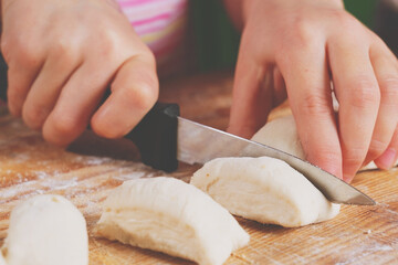 Process of making homemade dumplings. Close up. National food, eating, delishion, diet concept. Horizontal image.