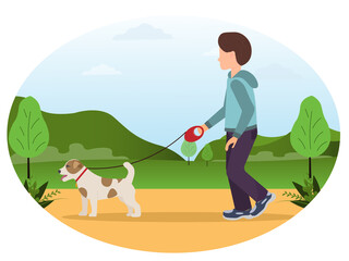 A boy walking with the dog at the park, pet lovers concept, pets care concept, flat vector illustration