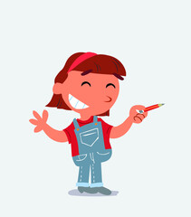 cartoon character of little girl on jeans says something funny while pointing to the side with a pencil.