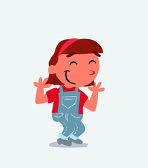 cartoon character of little girl on jeans shrinks somewhat shy.