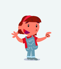 cartoon character of little girl on jeans smiling while pointing.