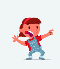 Scared cartoon character of little girl on jeans points to the side.