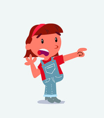 Surprised cartoon character of little girl on jeans pointing at something.