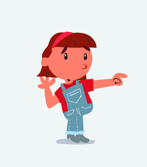 Surprised cartoon character of little girl on jeans points to something to his side.