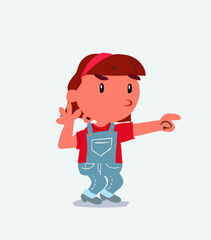 Surprised cartoon character of little girl on jeans points to something.