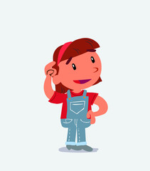 Thoughtful cartoon character of little girl on jeans scratching his head.