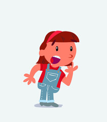 Unpleasantly surprised cartoon character of little girl on jeans looks to the side.
