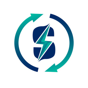 Renewable Green Energy Thunderbolt Letter S Logo Icon Concept. Production of Green Energy Powered by Renewable Electricity. 
