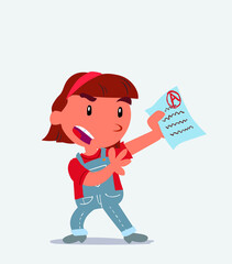 cartoon character of little girl on jeans arguing effusively with exam in hand.
