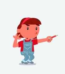 cartoon character of little girl on jeans doubts while pointing to the side with a pencil.