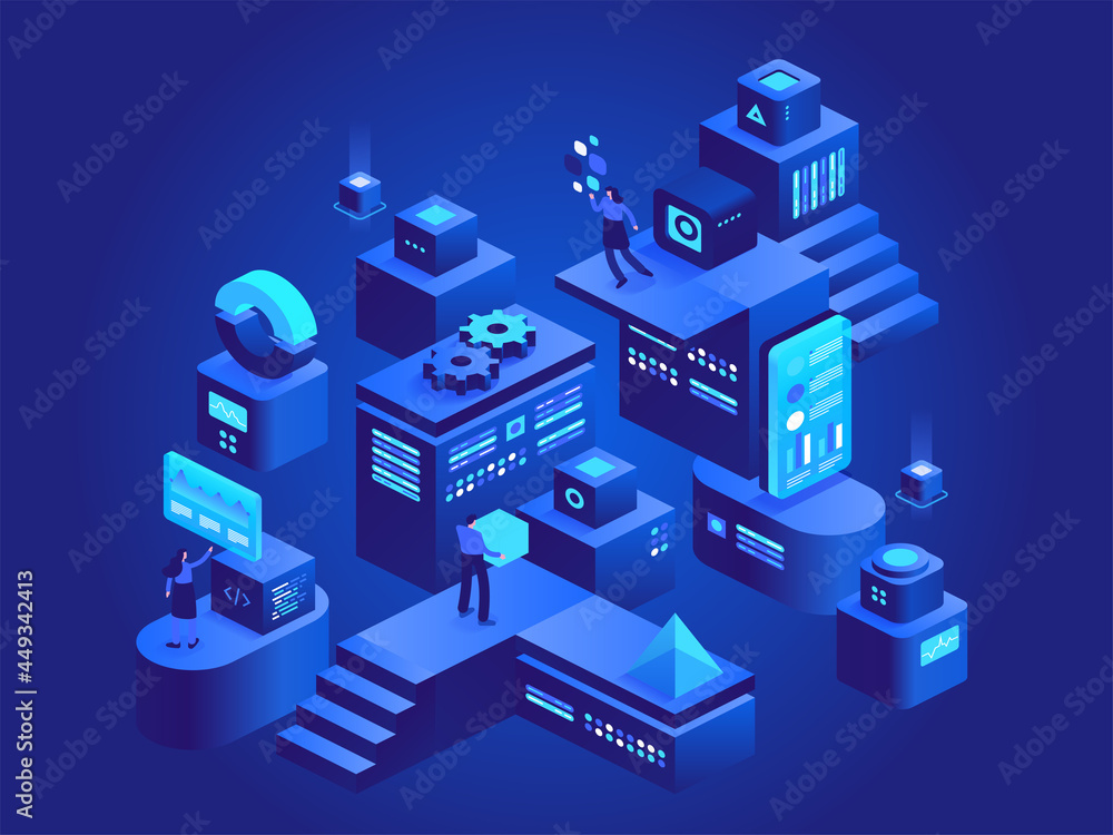 Poster cryptocurrency mining isometric concept. blockchain technology, bitcoin mining farm. people working 