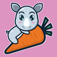 vector illustration of cute rhino hugging a big carrot