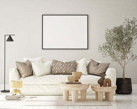 mock up poster frame in modern interior background, living room, Mediterranean style, 3D render, 3D illustration
